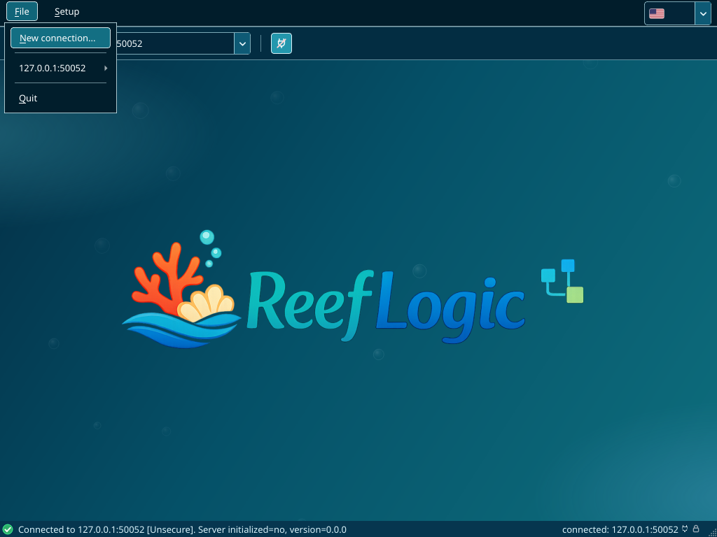 File menu showing "New connection…" and a saved profile submenu