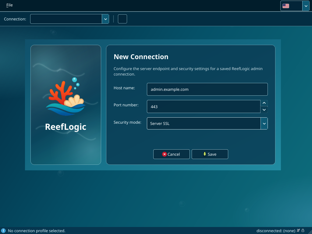 New Connection dialog filled with admin.example.com:443 and Server SSL mode