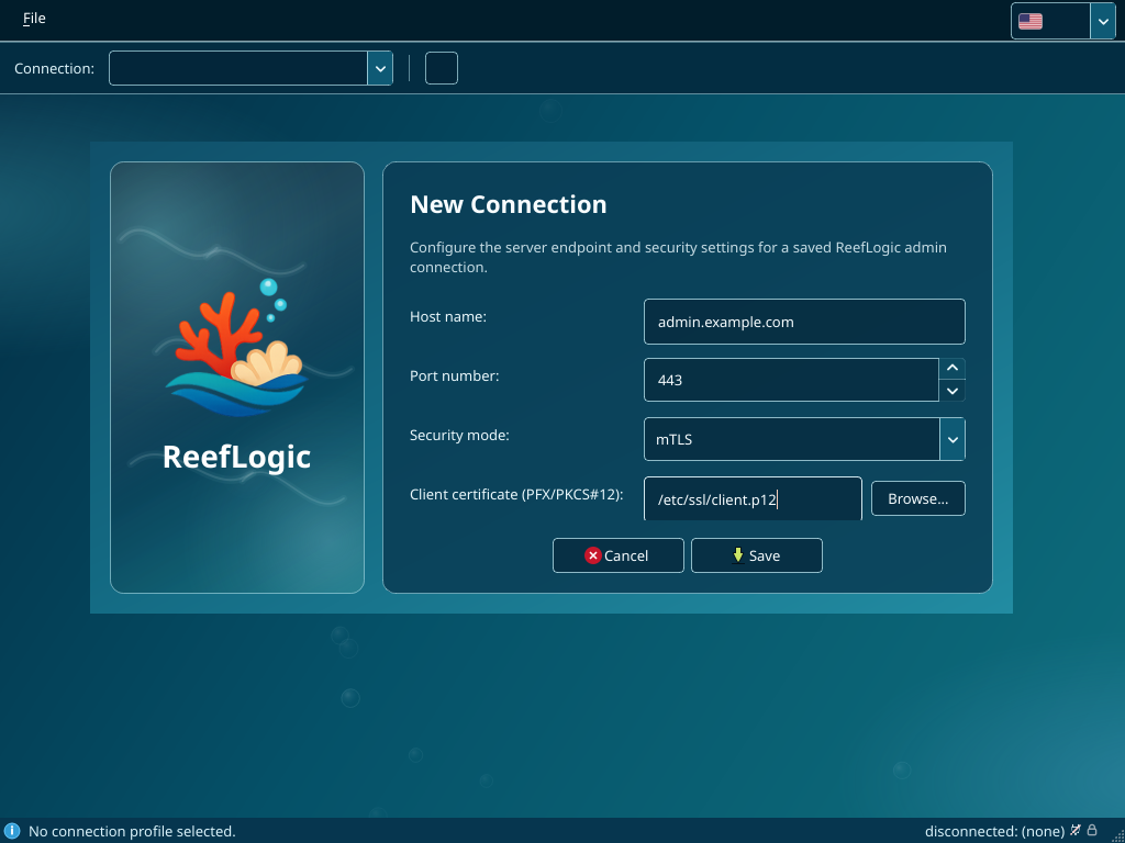 New Connection dialog in mTLS mode with the PKCS#12 path filled in