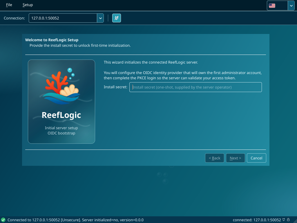 Wizard page 1: Welcome to ReefLogic Setup, with the Install secret field