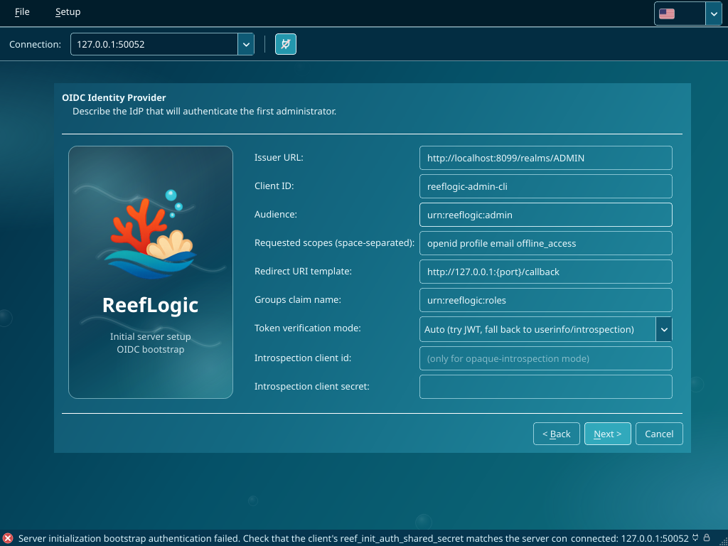Wizard page 2: OIDC IdP configuration filled with Keycloak realm values
