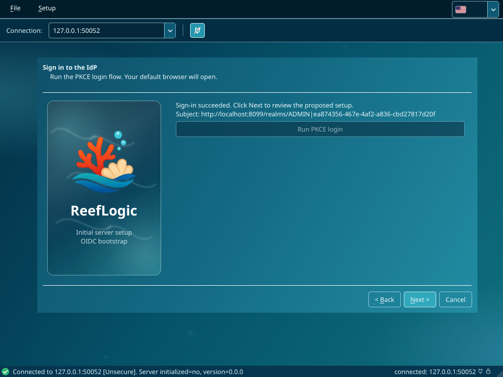 Wizard page 3 after successful PKCE login, showing the resolved subject