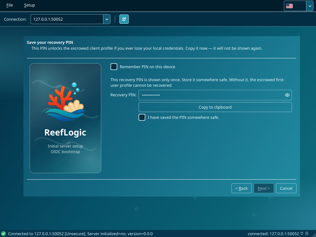 Wizard page 4: Save your recovery PIN, with copy-to-clipboard and confirmation checkbox