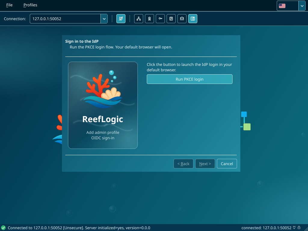 Add ReefLogic Admin Profile wizard, starting on Run PKCE login