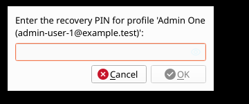 PIN prompt asking for the recovery PIN before decrypting the saved admin profile