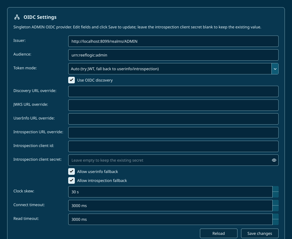 OIDC Settings — singleton ADMIN-scope OIDC provider with all override fields