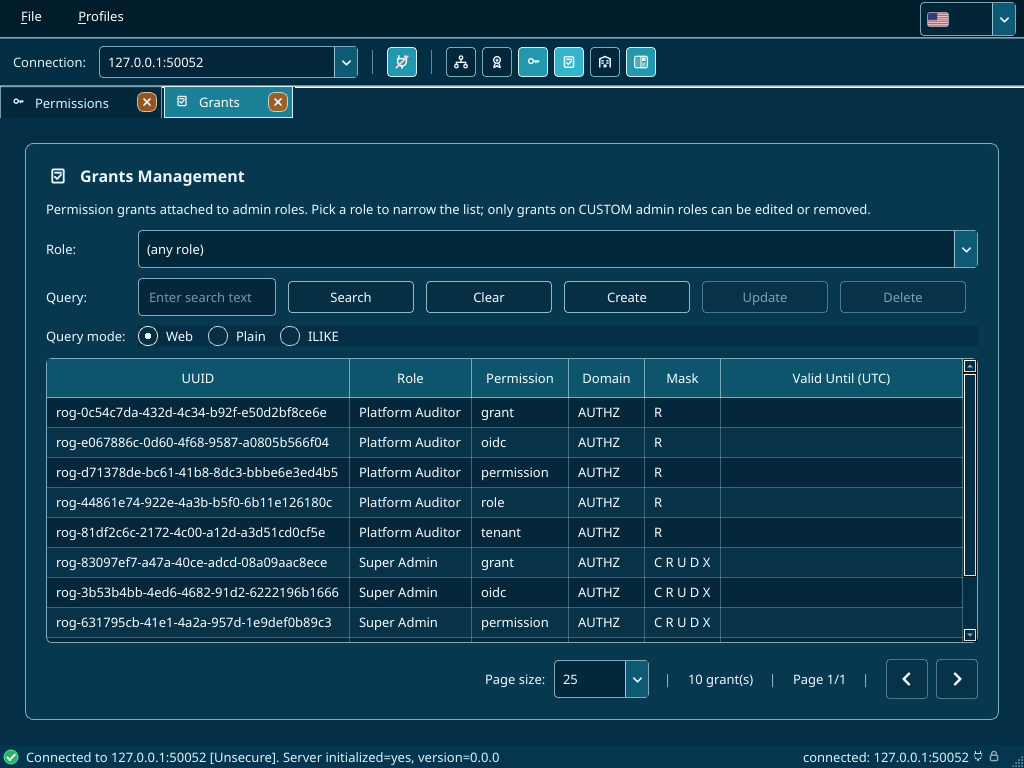 Grants Management — Platform Auditor (R) and Super Admin (CRUDX) grants on the AUTHZ permissions